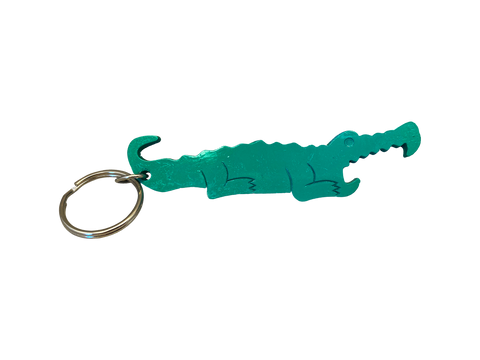 Alligator-shaped green metal keyring bottle opener