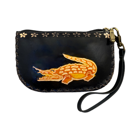 Black & Gold Leather Coin Purse with Embossed Alligator Wristlet