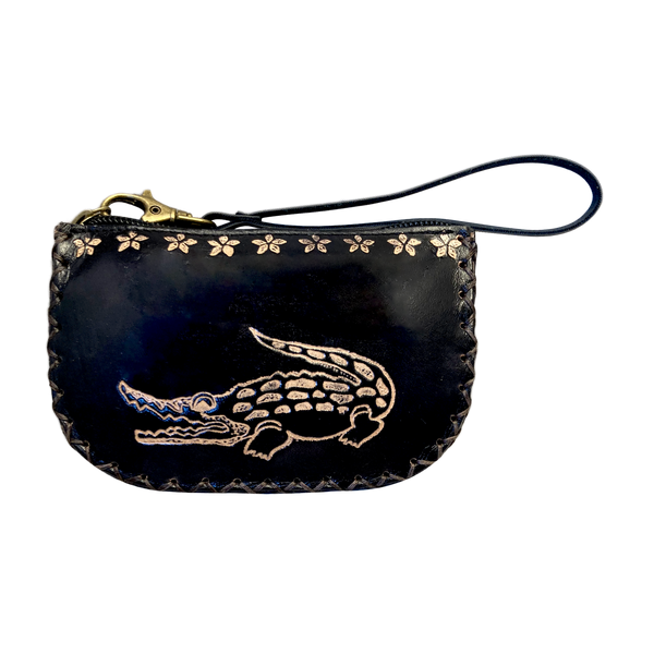 Black & Gold Leather Coin Purse with Embossed Alligator Wristlet