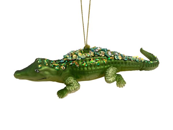 Glittery Green Glass Gator Ornament