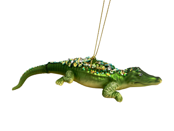 Glittery Green Glass Gator Ornament