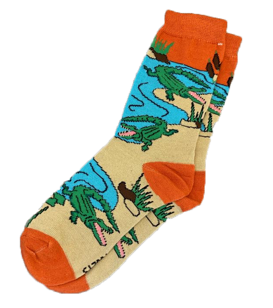Women's Alligator Socks - Green gators on assorted colors (gray, purple, orange, black)