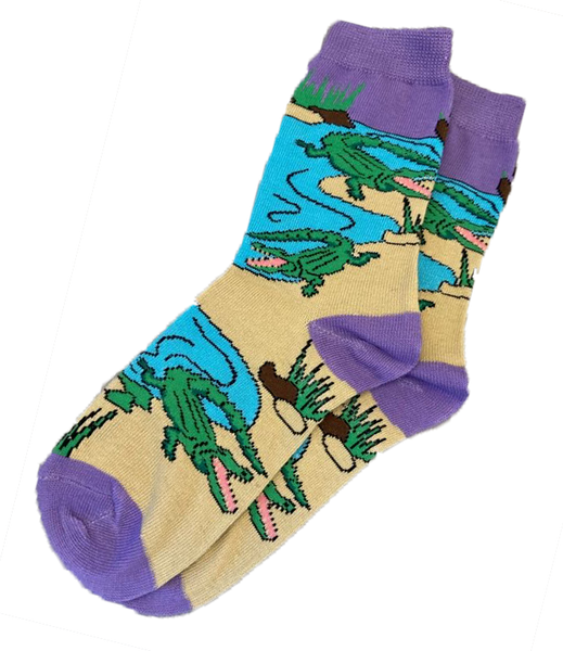 Women's Alligator Socks - Green gators on assorted colors (gray, purple, orange, black)