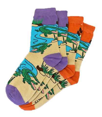 Women's Alligator Socks - Green gators on assorted colors (Purple & Orange)