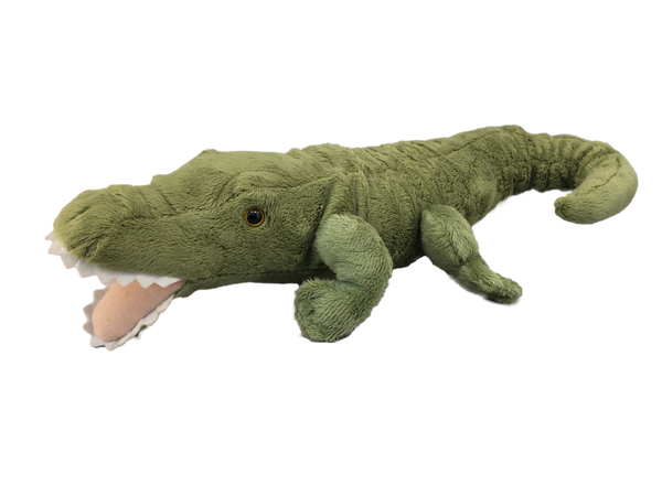Curly-tailed, artist-designed alligator plush toy