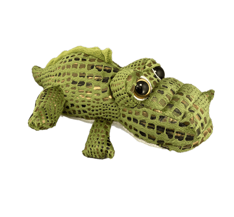 Box-shaped cartoon plush gator with bronze scales