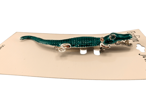 green alligator pin with pearl