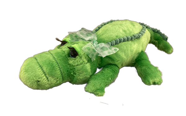 Green plush girly gator with green polka dot bow and eyelashes