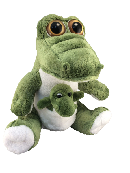 Cartoon plush gator with baby in pouch
